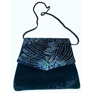 Black Velvet Glitter Evening Purse With Rope Strap & Button Closure
